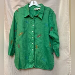 Kim Rogers  Linen Green Button-Up Shirt with Dragonfly Embroidery L